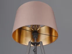 LED Tripod Stehleuchte mit Stoffschirm Taupe/Gold & Ablagetisch, Höhe 152cm