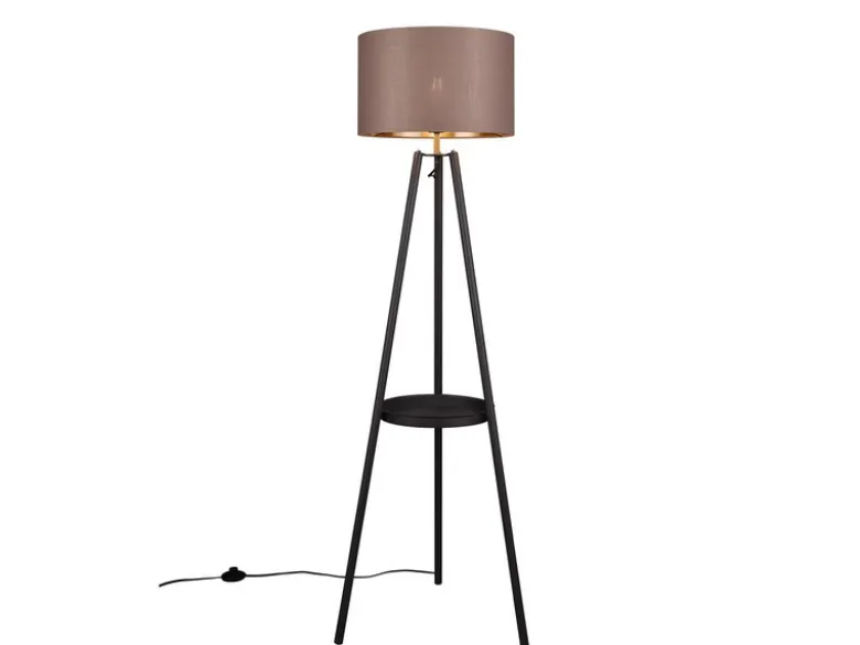 LED Tripod Stehleuchte mit Stoffschirm Taupe/Gold & Ablagetisch, Höhe 152cm