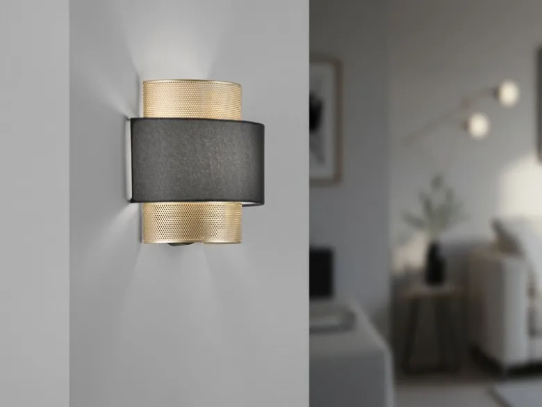 LED Wandlampe Metall Gold mit Stoffblende Schwarz, Breite 25cm