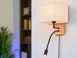 LED Wandlampe mit Leselampe Schalter & Stecker, Holz mit Stoffschirm H: 30cm