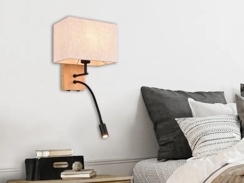 LED Wandlampe mit Leselampe Schalter & Stecker, Holz mit Stoffschirm H: 30cm