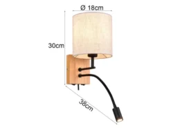 LED Wandlampe mit Leselampe Schalter & Stecker, Holz mit Stoffschirm H: 30cm