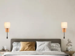 LED Wandlampe mit Leselampe Schalter & Stecker, Holz mit Stoffschirm H: 30cm
