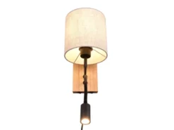 LED Wandlampe mit Leselampe Schalter & Stecker, Holz mit Stoffschirm H: 30cm