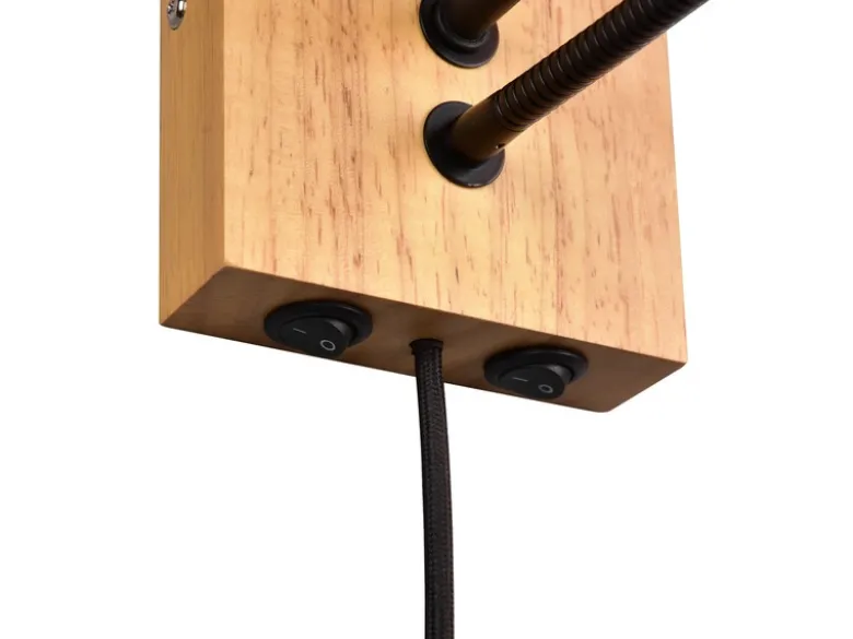LED Wandlampe mit Leselampe Schalter & Stecker, Holz mit Stoffschirm H: 30cm