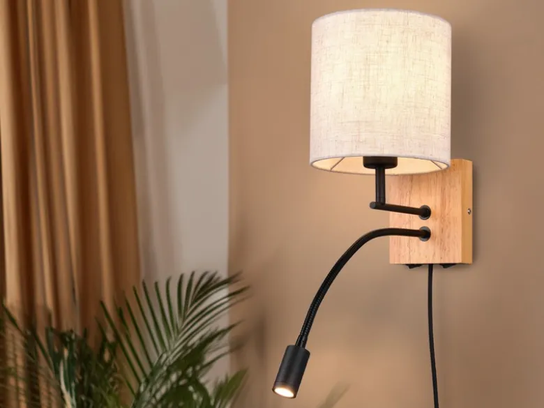 LED Wandlampe mit Leselampe Schalter & Stecker, Holz mit Stoffschirm H: 30cm