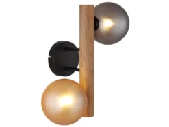 LED Wandleuchte aus Holz 2-flammig Glaskugeln Rauchglas & Bernstein, Höhe 32cm