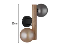 LED Wandleuchte aus Holz 2-flammig Glaskugeln Rauchglas & Bernstein, Höhe 32cm
