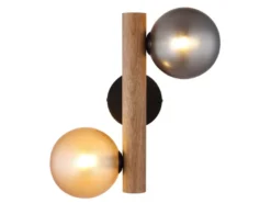 LED Wandleuchte aus Holz 2-flammig Glaskugeln Rauchglas & Bernstein, Höhe 32cm