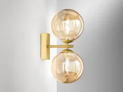LED Wandleuchte in Gold mit Glaskugeln in Bernstein, Höhe 34cm