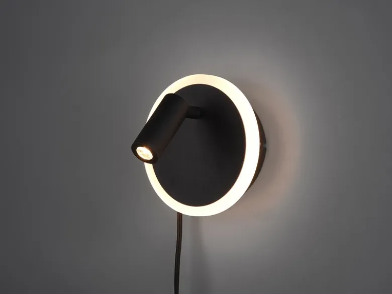 LED Wandleuchte JORDAN Schwarz mit Leselampe & Stecker, Ø 15cm