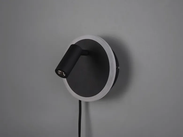 LED Wandleuchte JORDAN Schwarz mit Leselampe & Stecker, Ø 15cm