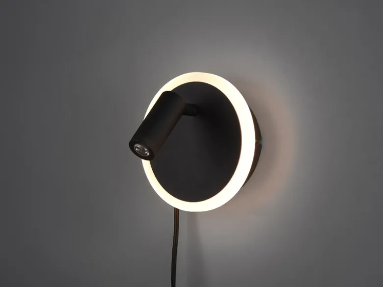LED Wandleuchte JORDAN Schwarz mit Leselampe & Stecker, Ø 15cm