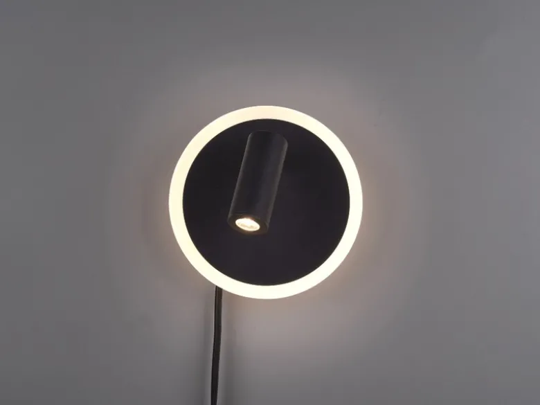 LED Wandleuchte JORDAN Schwarz mit Leselampe & Stecker, Ø 15cm