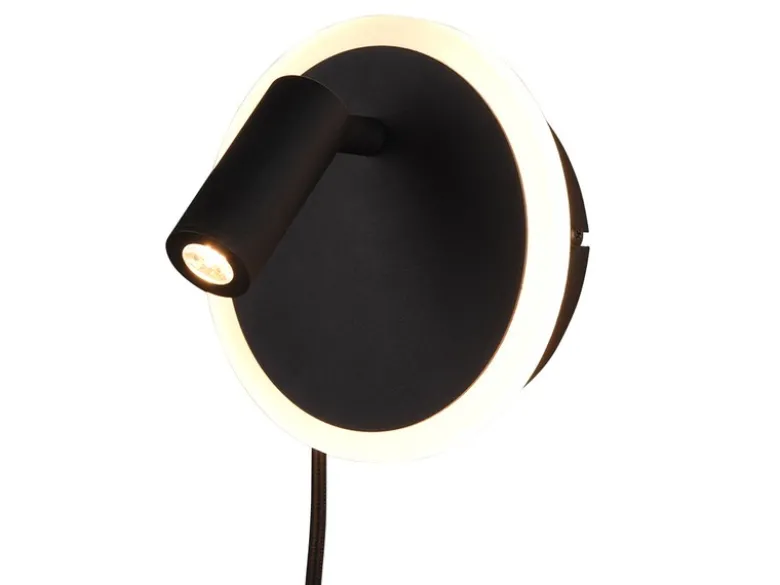 LED Wandleuchte JORDAN Schwarz mit Leselampe & Stecker, Ø 15cm