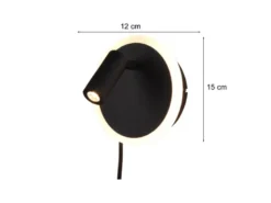 LED Wandleuchte JORDAN Schwarz mit Leselampe & Stecker, Ø 15cm