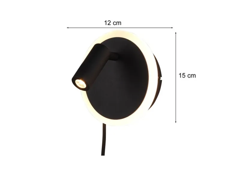 LED Wandleuchte JORDAN Schwarz mit Leselampe & Stecker, Ø 15cm