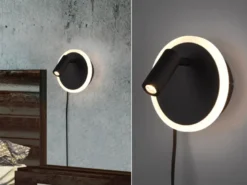 LED Wandleuchte JORDAN Schwarz mit Leselampe & Stecker, Ø 15cm