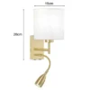 LED Wandleuchte Messing mit Leselampe & Stoffschirm Weiß, Höhe 24cm