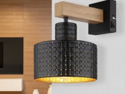 LED Wandleuchte Metall mit Schalter und Stanzmuster Schwarz Gold, Höhe 24,5cm