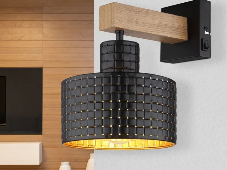 LED Wandleuchte Metall mit Schalter und Stanzmuster Schwarz Gold, Höhe 24,5cm