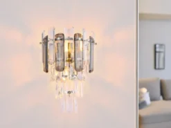 LED Wandleuchte mit Acryl Kristallen und Rauchglas Stäben, Höhe 34cm