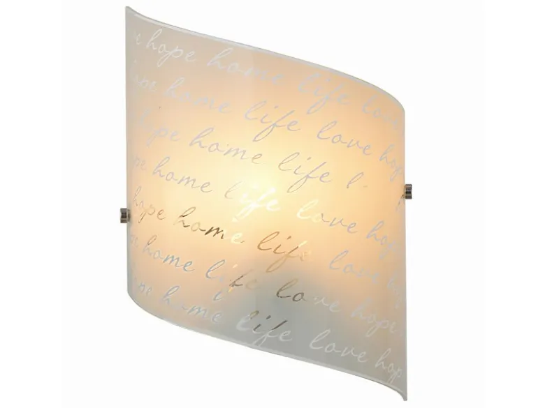 LED Wandleuchte mit Glasschirm satiniert & Schrift Dekor, Höhe 30cm