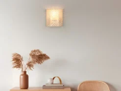 LED Wandleuchte mit Lampenschirm aus Bambus & Schalter, Höhe 19cm