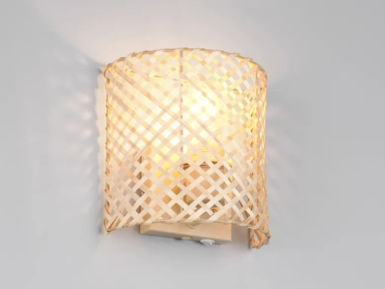 LED Wandleuchte mit Lampenschirm aus Bambus & Schalter, Höhe 19cm