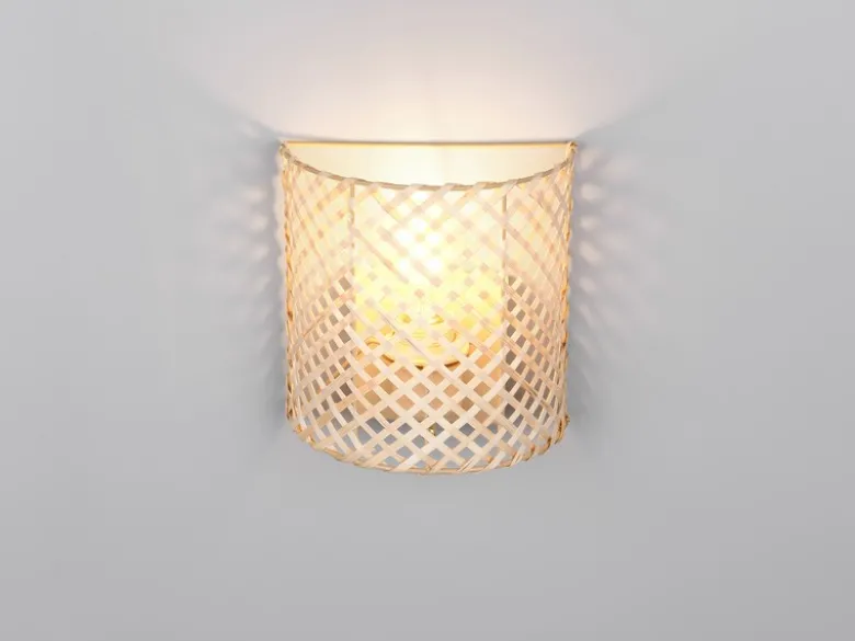 LED Wandleuchte mit Lampenschirm aus Bambus & Schalter, Höhe 19cm