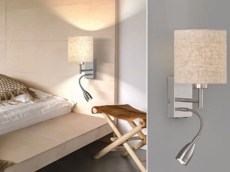 LED Wandleuchte mit Leselampe & Stoffschirm Beige, Höhe 24cm
