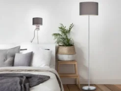 LED Wandleuchte mit Leselampe, Schalter & Stecker, Stoffschirm Grau, Höhe 23,5cm
