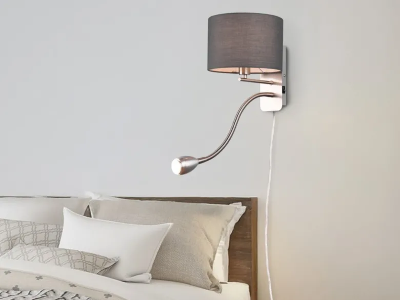 LED Wandleuchte mit Leselampe, Schalter & Stecker, Stoffschirm Grau, Höhe 23,5cm