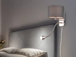 LED Wandleuchte mit Leselampe, Schalter & Stecker, Stoffschirm Grau, Höhe 23,5cm