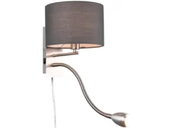 LED Wandleuchte mit Leselampe, Schalter & Stecker, Stoffschirm Grau, Höhe 23,5cm