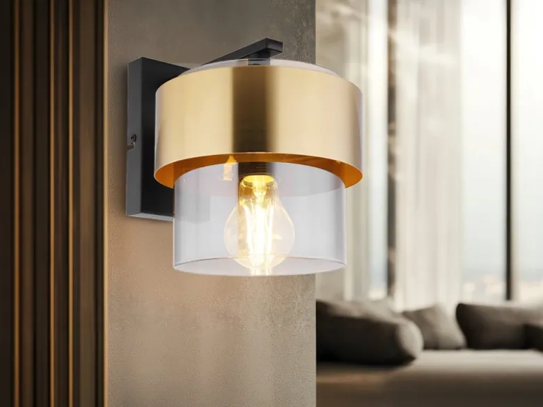 LED Wandleuchte mit Rauchglas Lampenschirm Messingring, Höhe 21,5cm