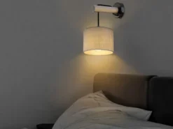 LED Wandleuchte mit Schalter, Holz und Stoffschirm Grau, Höhe 33,5cm