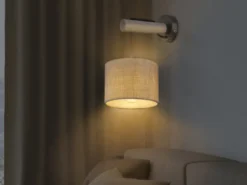 LED Wandleuchte mit Schalter, Holz und Stoffschirm Grau, Höhe 33,5cm