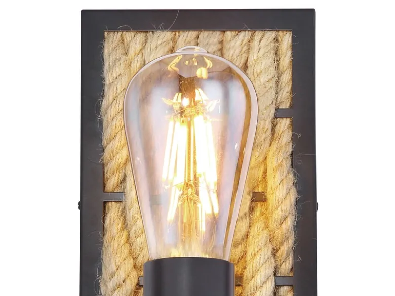 LED Wandleuchte Seillampe mit Korbgeflecht Metall Schwarz, Höhe 28cm