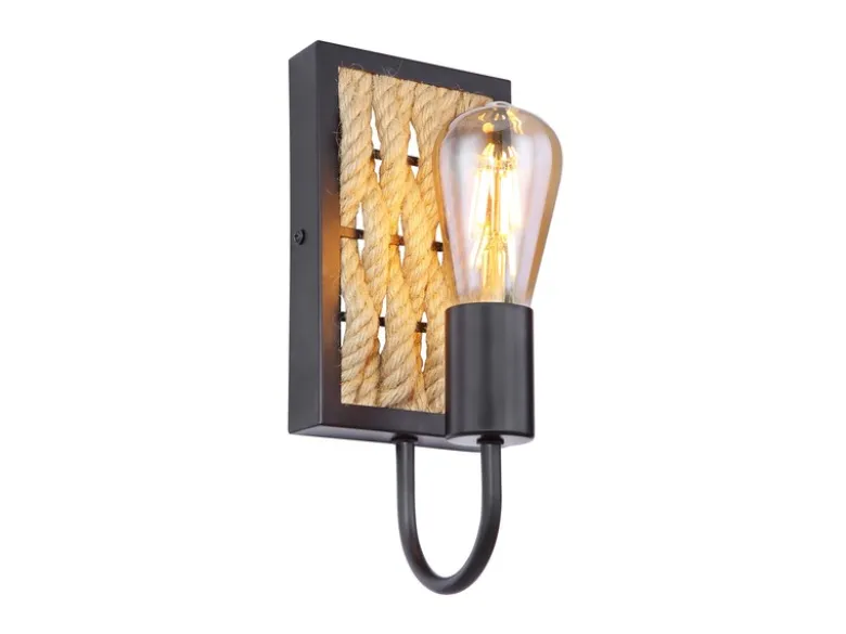 LED Wandleuchte Seillampe mit Korbgeflecht Metall Schwarz, Höhe 28cm