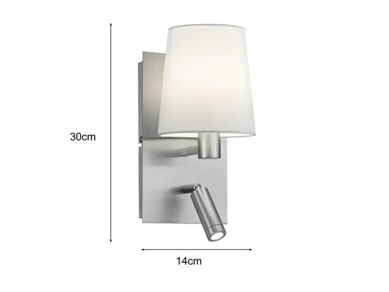 LED Wandleuchte Silber mit schwenkbarem Leselicht & Stoffschirm Weiß, Höhe 31cm