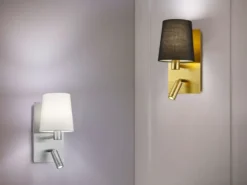 LED Wandleuchte Silber mit schwenkbarem Leselicht & Stoffschirm Weiß, Höhe 31cm