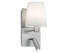 LED Wandleuchte Silber mit schwenkbarem Leselicht & Stoffschirm Weiß, Höhe 31cm