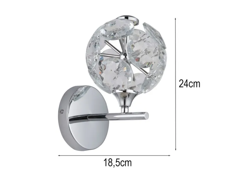 LED Wandleuchte VIRINA Silber Chrom mit Glaskugel aus K9 Kristallen, Höhe 24cm