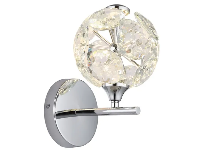 LED Wandleuchte VIRINA Silber Chrom mit Glaskugel aus K9 Kristallen, Höhe 24cm