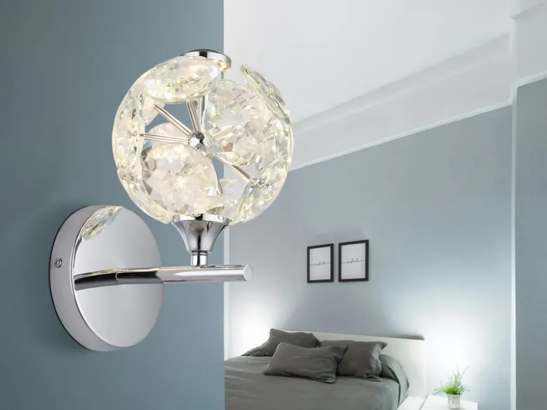 LED Wandleuchte VIRINA Silber Chrom mit Glaskugel aus K9 Kristallen, Höhe 24cm