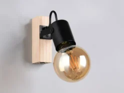LED Wandstrahler aus Metall in Schwarz mit Naturholz, Höhe 13cm
