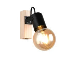 LED Wandstrahler aus Metall in Schwarz mit Naturholz, Höhe 13cm