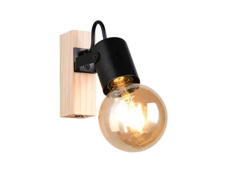 LED Wandstrahler aus Metall in Schwarz mit Naturholz, Höhe 13cm