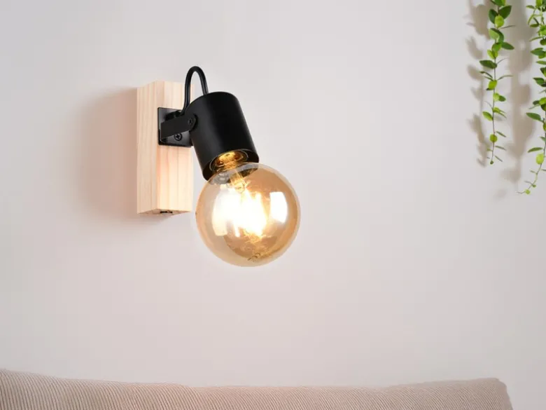 LED Wandstrahler aus Metall in Schwarz mit Naturholz, Höhe 13cm